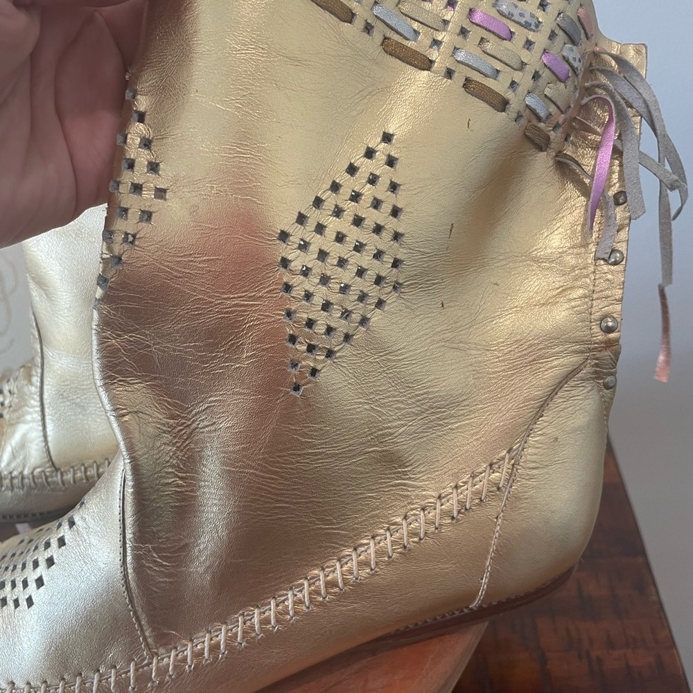 Vintage 80s Compulsion Leather Dress Gold Fringe Moccasins size 7.5M Brazil - Picture 5 of 14